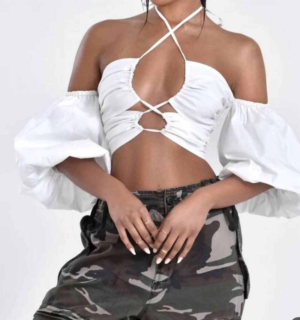 NEW MISS CIRCLE lace up halter neck puff sleeve top in rumi white